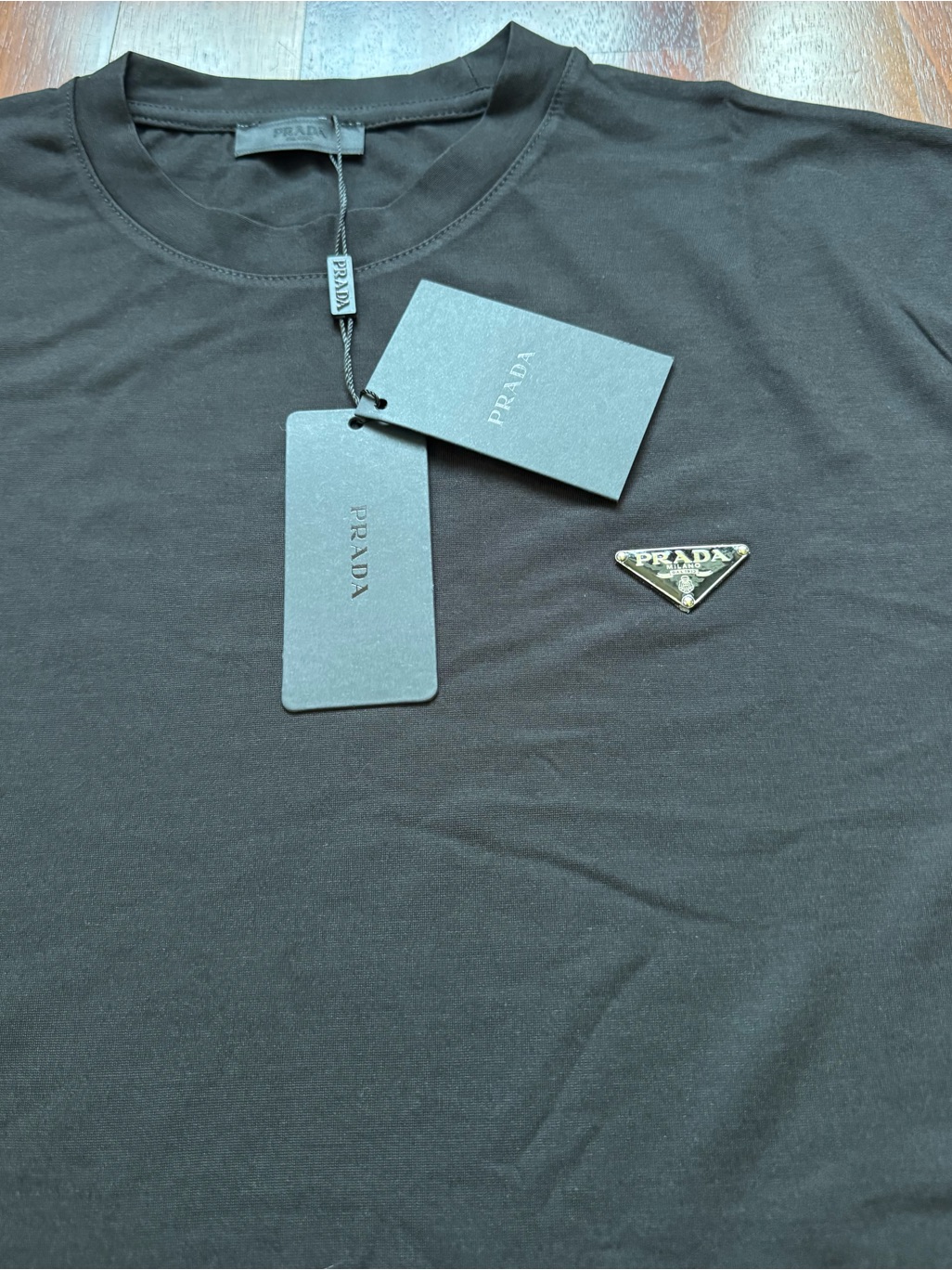 Prada Black Short Sleeve Crewneck Tee With Metal Triangle Logo